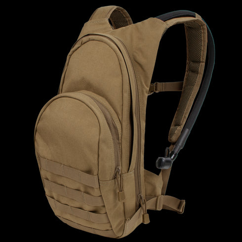 The Condor Hydration Backpack 8L features multiple zippered compartments, front MOLLE webbing, and an attached hydration tube—perfect for military or first responder use.